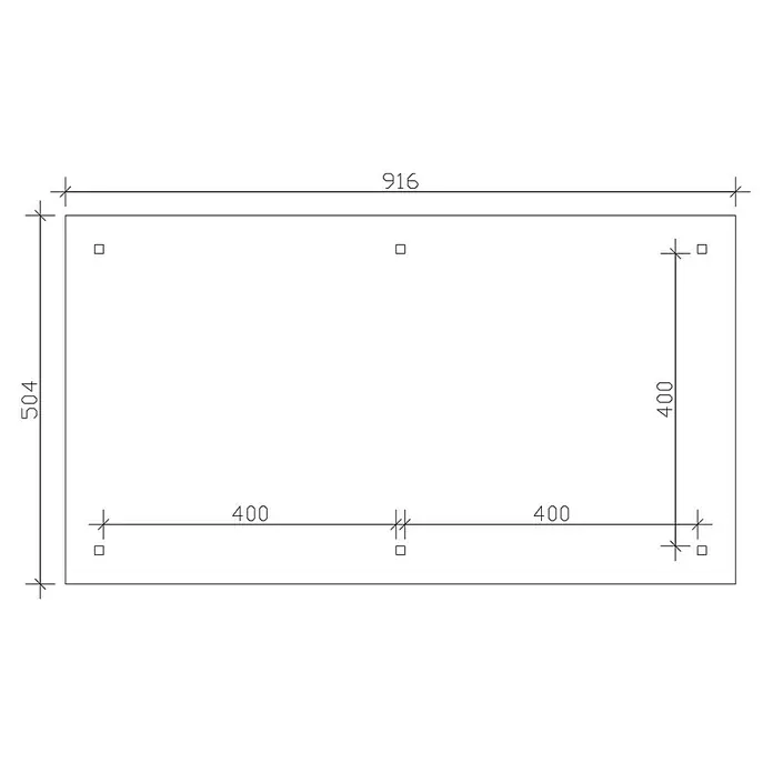 SKAN HOLZ Pavillon Orleans 3 - L x B: 916 x 504 cm, Natur - Technische Zeichnung einer rechteckigen Platte mit Abmessungen 916 x 504 und quadratischen Aussparungen an bestimmten Stellen.
