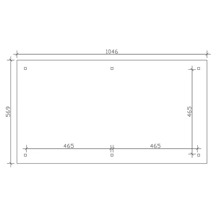 SKAN HOLZ Pavillon Orleans 4 - L x B: 1.046 x 569 cm, Natur - Draufsicht eines Rechtecks mit Beschriftungen, die die Abmessungen und die Position von fünf kleinen Quadraten angeben.