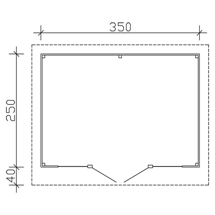 Gartenhaus Ostende - Außenmaß inkl. Dachüberstand (B x T): 390 x 310 cm, Holz, Schwedenrot - Grundriss eines rechteckigen Gartenhauses mit den Maßen 350 x 250 cm, inklusive einer 40 cm tiefen Veranda. Ideal für kleine Gärten.