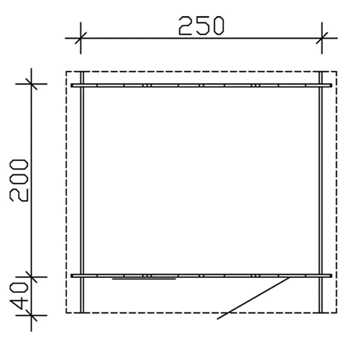 SKAN HOLZ Gartenhaus Porto 1 - Außenmaß inkl. Dachüberstand (B x T): 280 x 255 cm, Holz, Natur - Technische Zeichnung eines rechteckigen Produkts mit den Maßen 250 x 240 mm, einschließlich einer Bodenstütze für zusätzliche Stabilität.
