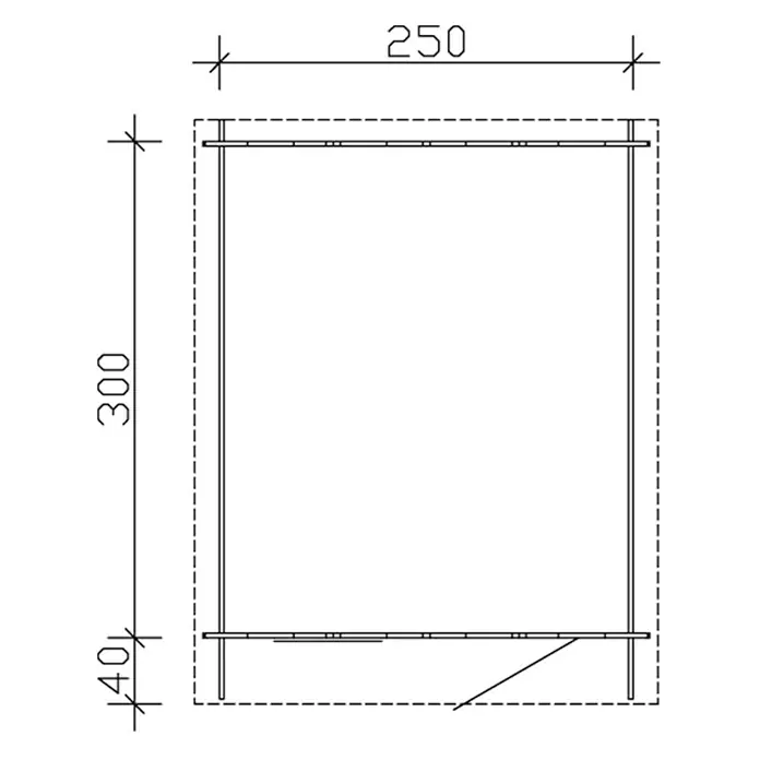 SKAN HOLZ Gartenhaus Porto 3 - Außenmaß inkl. Dachüberstand (B x T): 280 x 355 cm, Holz, Natur - Technische Zeichnung einer Kabine mit Maßen. Darstellung mit 250 mm Breite und 300 + 40 mm Höhe, detaillierte Ansicht.