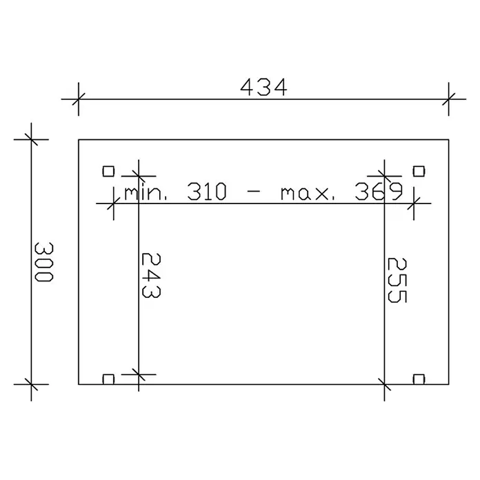 SKAN HOLZ Terrassenüberdachung Sanremo - B x T: 434 x 300 cm, Schiefergrau, Fichtenholz - Technische Zeichnung einer rechteckigen Platte mit Bemaßungen. Die Platte hat eine Breite von 434 und eine Höhe von 300.