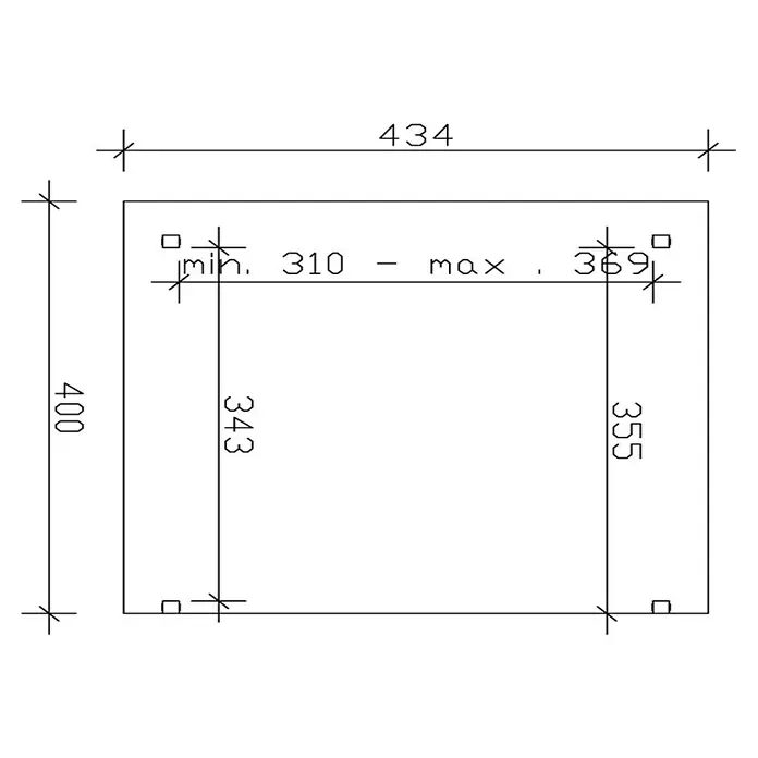 SKAN HOLZ Terrassenüberdachung Sanremo - B x T: 434 x 400 cm, Weiß, Fichtenholz - Eine technische Zeichnung eines quadratischen Objekts mit den Maßen 434 x 400 und Details zu inneren Abmessungen und Toleranzen.