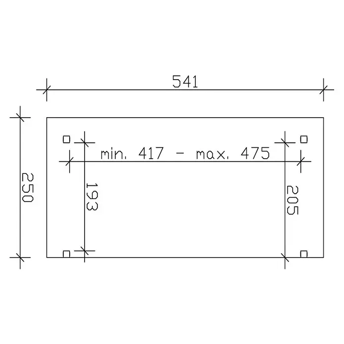 SKAN HOLZ Terrassenüberdachung Sanremo - B x T: 541 x 250 cm, Natur, Fichtenholz - Technische Zeichnung eines rechteckigen Objekts mit Abmessungen und Positionen von Bohrungen, die detaillierte technische Informationen liefert.