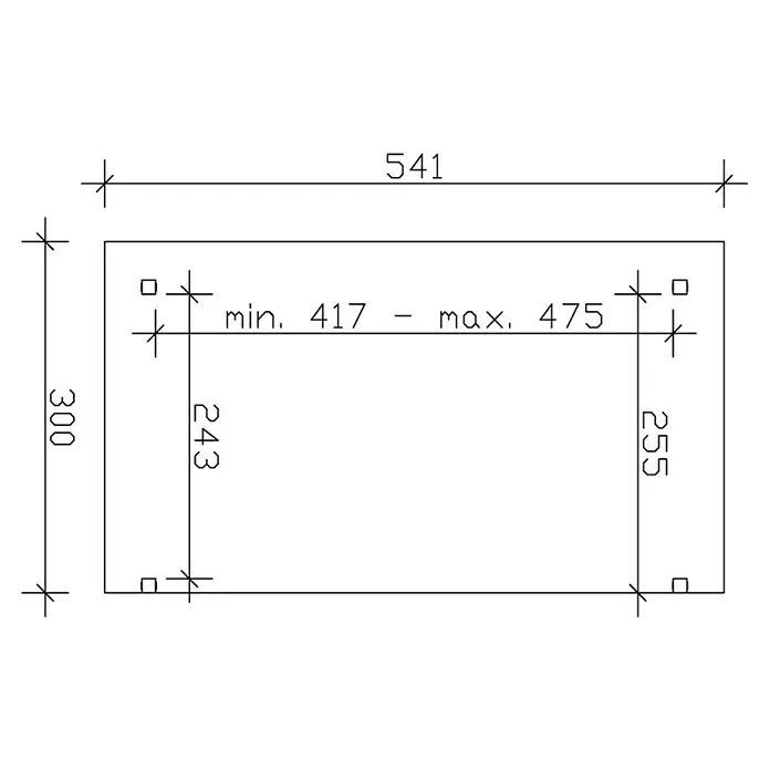 SKAN HOLZ Terrassenüberdachung Sanremo - B x T: 541 x 300 cm, Weiß, Fichtenholz - Schema mit Abmessungen. Die Gesamtbreite beträgt 541, die Höhe 300. Der innere Bereich hat eine variable Breite von 417 bis 475.