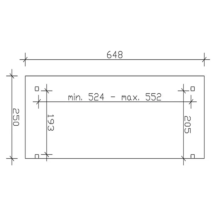 SKAN HOLZ Terrassenüberdachung Sanremo - B x T: 648 x 250 cm, Eiche Hell, Fichtenholz - Technische Zeichnung eines Rechtecks mit Bemaßungen 648 x 250 und einer Linie in der Mitte mit Bemaßungen min. 524 - max. 552.