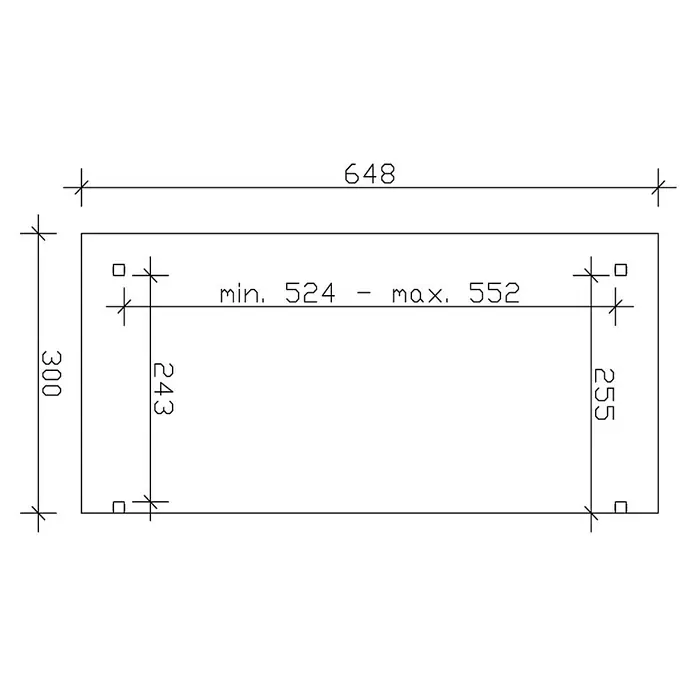 SKAN HOLZ Terrassenüberdachung Sanremo - B x T: 648 x 300 cm, Eiche Hell, Fichtenholz - Schema einer rechteckigen Box mit den Abmessungen 648 x 300 mm, variabler Innenraum zwischen 524 und 552 mm, mit Detailmaßen 243 und 255 mm.