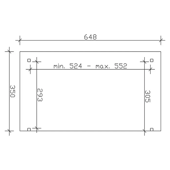 SKAN HOLZ Terrassenüberdachung Sanremo - B x T: 648 x 350 cm, Eiche Hell, Fichtenholz - Technische Zeichnung eines rechteckigen Objekts mit den Maßen 648 x 350 und inneren Abmessungen, die zwischen 524 und 552 variieren.
