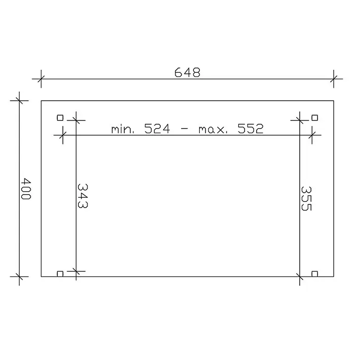 SKAN HOLZ Terrassenüberdachung Sanremo - B x T: 648 x 400 cm, Weiß, Fichtenholz - Technische Zeichnung eines Rechtecks mit den Maßen 648 x 400, einer inneren Linie (min. 524 - max. 552) und vertikalen Linien (343, 355).