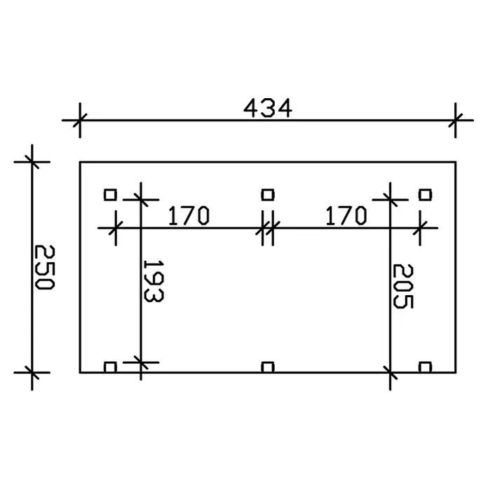 SKAN HOLZ Terrassenüberdachung Siena - B x T: 434 x 250 cm, Fichtenholz, Nussbaum - Draufsicht eines rechteckigen Objekts mit Abmessungen (434 x 250) und internen Abständen (170, 193, 205) zwischen platzierten kleinen Quadraten.