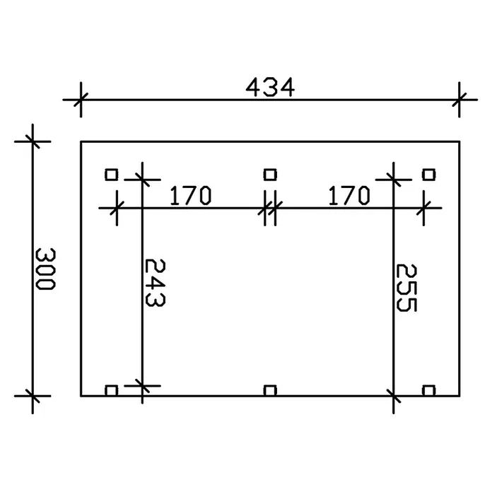 SKAN HOLZ Terrassenüberdachung Siena - B x T: 434 x 300 cm, Fichtenholz, Natur - Skizze einer rechteckigen Platte mit Bemaßungen und Bohrpositionen. Die Platte ist 434 mm breit und 300 mm hoch.