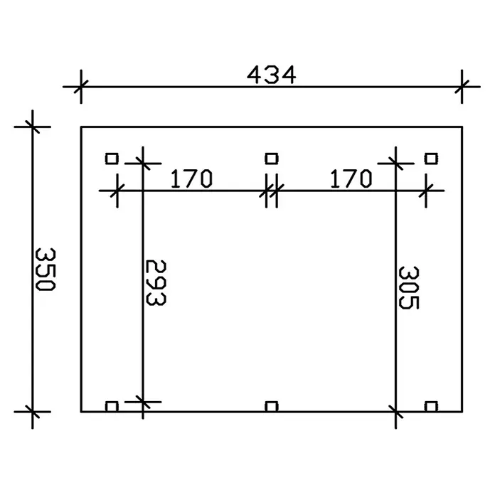 SKAN HOLZ Terrassenüberdachung Siena - B x T: 434 x 350 cm, Fichtenholz, Natur - Technische Zeichnung eines rechteckigen Objekts mit Bemaßungen, die die Abmessungen und Positionen der Elemente darstellen.