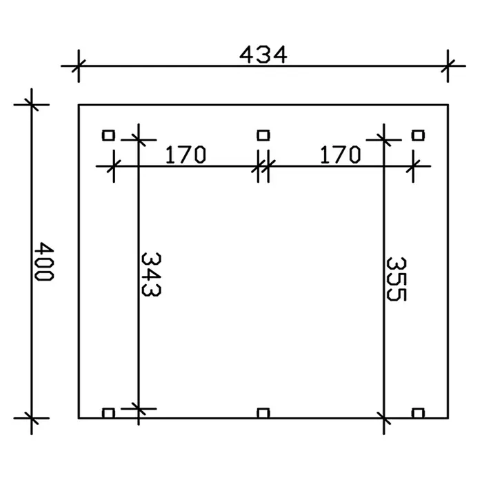 SKAN HOLZ Terrassenüberdachung Siena - B x T: 434 x 400 cm, Fichtenholz, Eiche Hell - Technische Zeichnung eines rechteckigen Objekts mit Bemaßungen: 434 x 400, Innenmaße 343 x 355 und Lochabständen von 170.