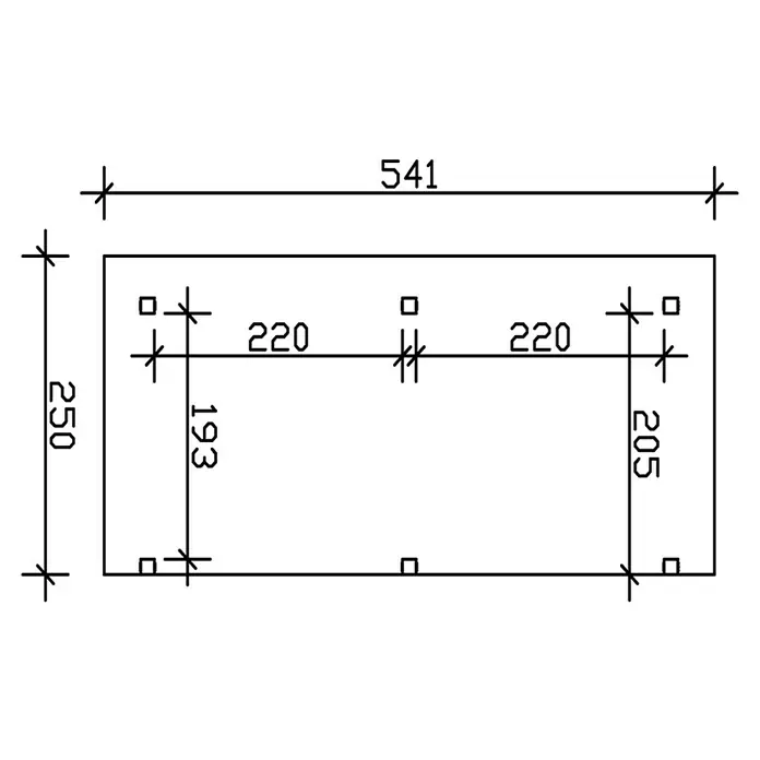 SKAN HOLZ Terrassenüberdachung Siena - B x T: 541 x 250 cm, Fichtenholz, Eiche Hell - Technischer Plan mit Abmessungen eines Rechtecks, 541 x 250, und Details zu den Positionen der kleinen Quadrate.