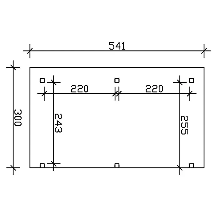SKAN HOLZ Terrassenüberdachung Siena - B x T: 541 x 300 cm, Fichtenholz, Schiefergrau - Technische Zeichnung einer rechteckigen Platte mit Bemaßungen und Bohrungen für Konstruktionszwecke.