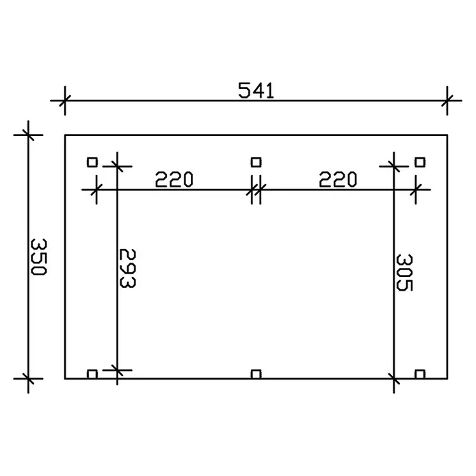 SKAN HOLZ Terrassenüberdachung Siena - B x T: 541 x 350 cm, Fichtenholz, Natur - Technische Zeichnung eines Rechtecks mit Abmessungen und Bohrungen.