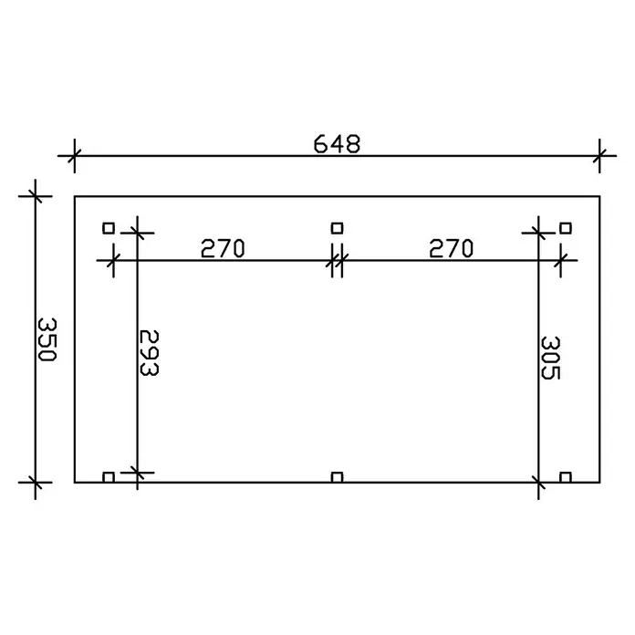 SKAN HOLZ Terrassenüberdachung Siena - B x T: 648 x 350 cm, Fichtenholz, Nussbaum - Schema eines Rechtecks mit den Maßen 648 x 350, unterteilt mit einigen kleineren, dazugehörigen Messungen zur Veranschaulichung.