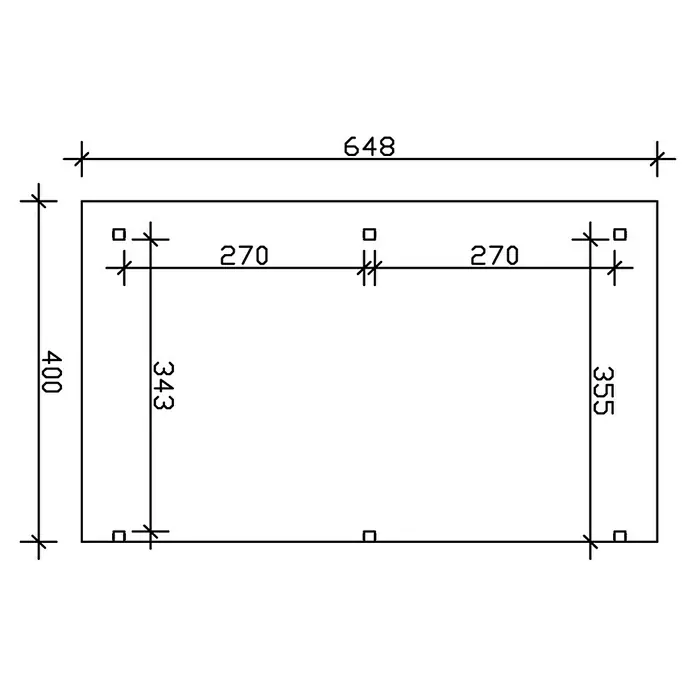 SKAN HOLZ Terrassenüberdachung Siena - B x T: 648 x 400 cm, Fichtenholz, Weiß - Technische Zeichnung mit Bemaßungen. Das Rechteck ist 648 mm breit und 400 mm hoch, inklusive kleiner Quadrate an den Ecken.