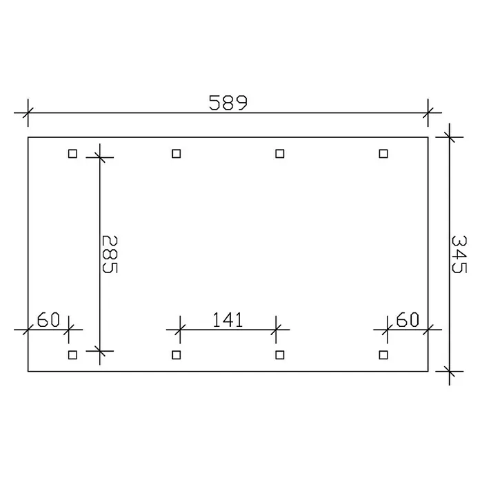 SKAN HOLZ Carport Spreewald - Außenmaß inkl. Dachüberstand (B x T): 3,45 x 5,89 m, Einzelcarport, Grün, Farbe Dach: Aluminium, Aluminium-Dachplatten - Technische Zeichnung eines rechteckigen Objekts mit Bohrungen und Maßangaben.