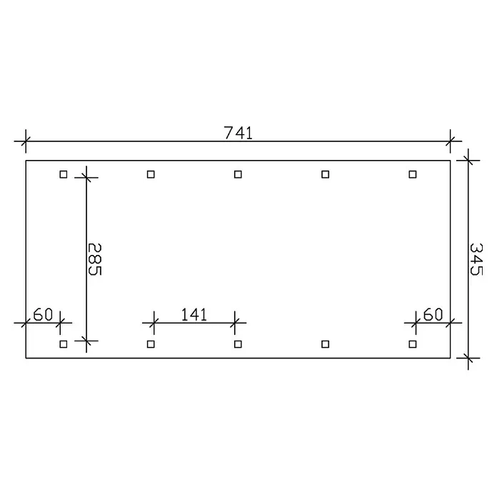 SKAN HOLZ Carport Spreewald - Außenmaß inkl. Dachüberstand (B x T): 3,45 x 7,41 m, Einzelcarport, Grün, Farbe Dach: Rot, Materialspezifizierung Dach: Aluminium-Dachplatten - Draufsicht mit Bemaßung eines rechteckigen Layouts mit mehreren quadratischen Aussparungen zur Visualisierung der Abmessungen und Positionen.