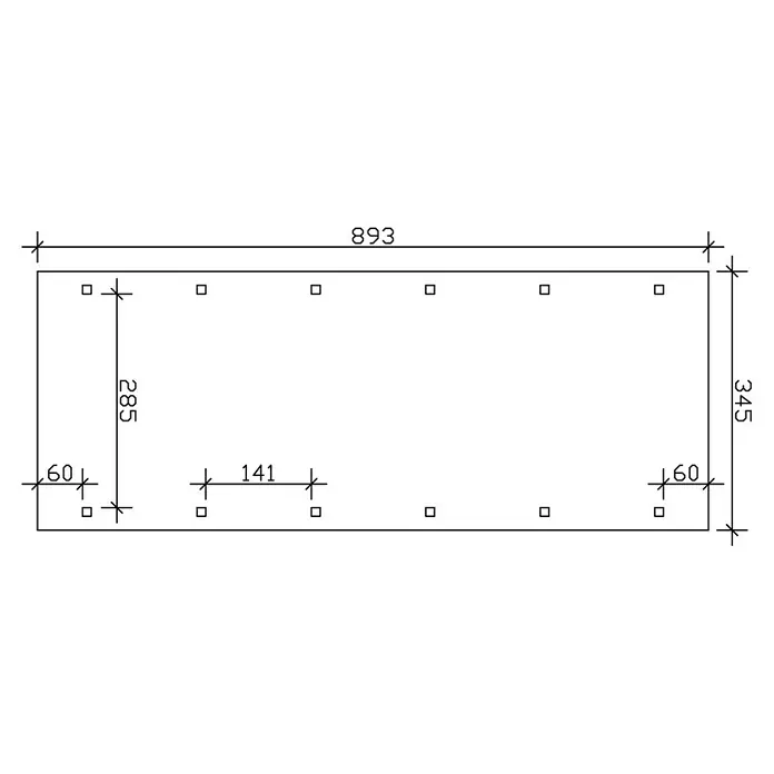 SKAN HOLZ Carport Spreewald - Außenmaß inkl. Dachüberstand (B x T): 3,45 x 8,93 m, Einzelcarport, Grün, Farbe Dach: Rot, Aluminium-Dachplatten - Schematische Darstellung eines rechteckigen Grundrisses mit Maßangaben und quadratischen Markierungen, vermutlich für eine Bauzeichnung.