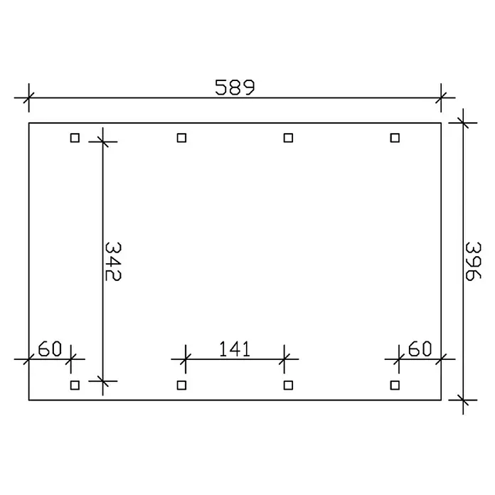 SKAN HOLZ Carport Spreewald - Außenmaß inkl. Dachüberstand (B x T): 3,96 x 5,89 m, Einzelcarport, Grün, Farbe Dach: Aluminium, Dachschalung mit EPDM-Folie - Schematische Darstellung eines rechteckigen Produkts mit Abmessungen und Bohrungen.