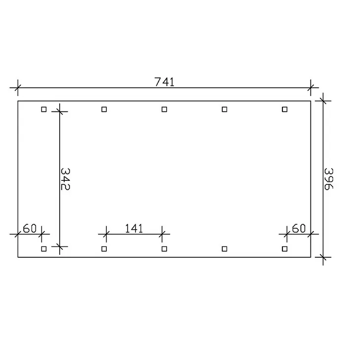 SKAN HOLZ Carport Spreewald - Außenmaß inkl. Dachüberstand (B x T): 3,96 x 7,41 m, Einzelcarport, Grün, Farbe Dach: Rot, Dachschalung mit EPDM-Folie - Abbildung eines technischen Plans mit Abmessungen und quadratischen Markierungen, die die Positionierung von Elementen darstellen.