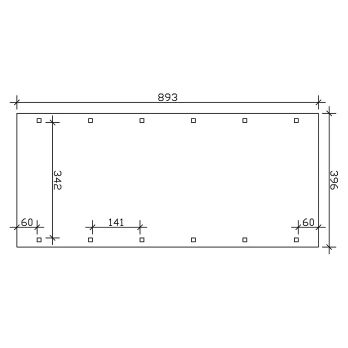 SKAN HOLZ Carport Spreewald - Außenmaß inkl. Dachüberstand (B x T): 3,96 x 8,93 m, Einzelcarport, Grün, Farbe Dach: Rot, Dachschalung mit EPDM-Folie - Eine technische Zeichnung mit Maßangaben, die ein rechteckiges Layout mit quadratischen Markierungen und Bemaßungen zeigt.