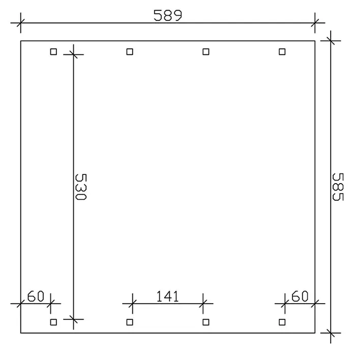 SKAN HOLZ Carport Spreewald - Außenmaß inkl. Dachüberstand (B x T): 5,85 x 5,89 m, Doppelcarport, Grün, Farbe Dach: Aluminium, Dachschalung mit EPDM-Folie - Quadratischer Rahmen mit Maßen und Bohrungen, technische Zeichnung. Präzise Darstellung für Konstruktion und Fertigung mit allen Details.
