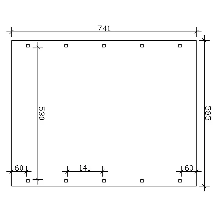 SKAN HOLZ Carport Spreewald - Außenmaß inkl. Dachüberstand (B x T): 5,85 x 7,41 m, Doppelcarport, Nussbaum, Farbe Dach: Aluminium, Dachschalung mit EPDM-Folie - Schematische Darstellung eines rechteckigen Objekts mit Bemaßungen und quadratischen Markierungen.