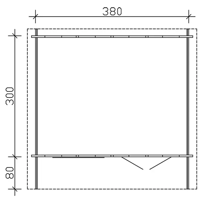 SKAN HOLZ Gartenhaus Stavanger 1 - Außenmaß inkl. Dachüberstand (B x T): 420 x 400 cm, Holz, Natur - Draufsicht eines Möbelstücks mit den Maßen 380 x 300, das einen Schrank oder eine Regalstruktur darstellt.