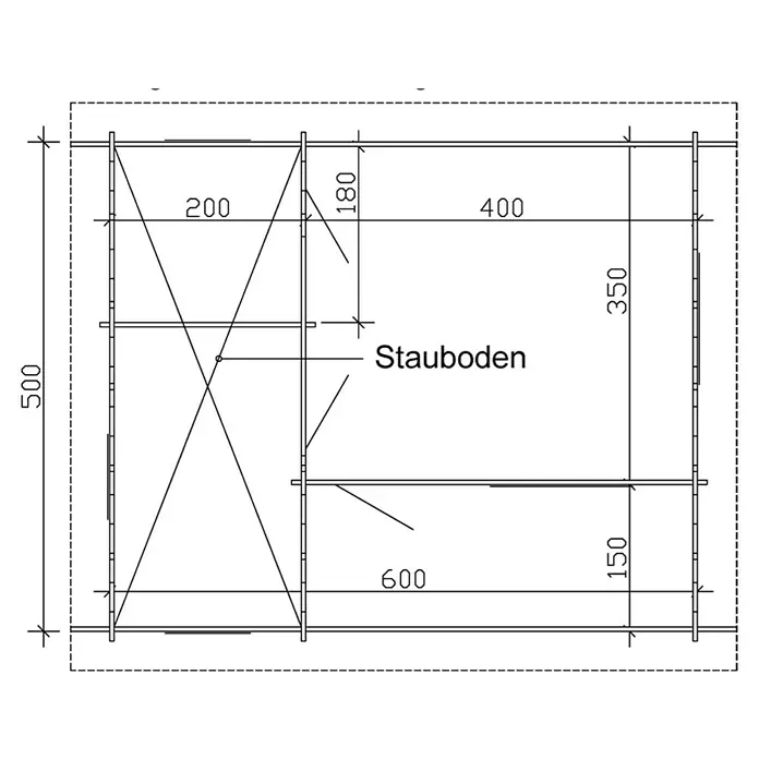 SKAN HOLZ Gartenhaus St. Moritz - Außenmaß inkl. Dachüberstand (B x T): 680 x 580 cm, Holz, Natur, 1 Lage Dachschalung - Detailansicht eines Bauplans für ein Regal mit genauen Maßangaben und der Bezeichnung der Regalböden als "Stauboden".