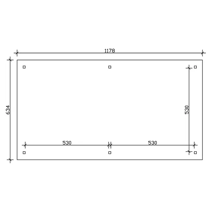 SKAN HOLZ Carport Taunus - Außenmaß inkl. Dachüberstand (B x T): 11,76 x 6,34 m, Doppelcarport, Nussbaum - Grundriss mit rechteckiger Form, die Abmessungen von 1178 x 634 zeigt und mehrere Quadrate innerhalb der Form anzeigt.