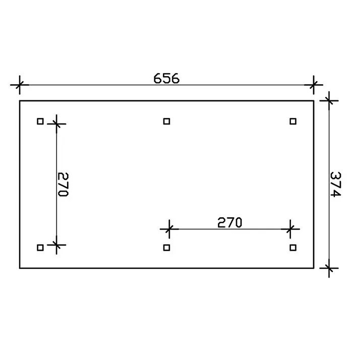 SKAN HOLZ Carport Taunus - Außenmaß inkl. Dachüberstand (B x T): 3,74 x 6,56 m, Einzelcarport, Nussbaum - Technische Zeichnung einer rechteckigen Platte mit Maßen 656 x 374 und Bohrungen, die mit 270 mm Abstand zueinander liegen.