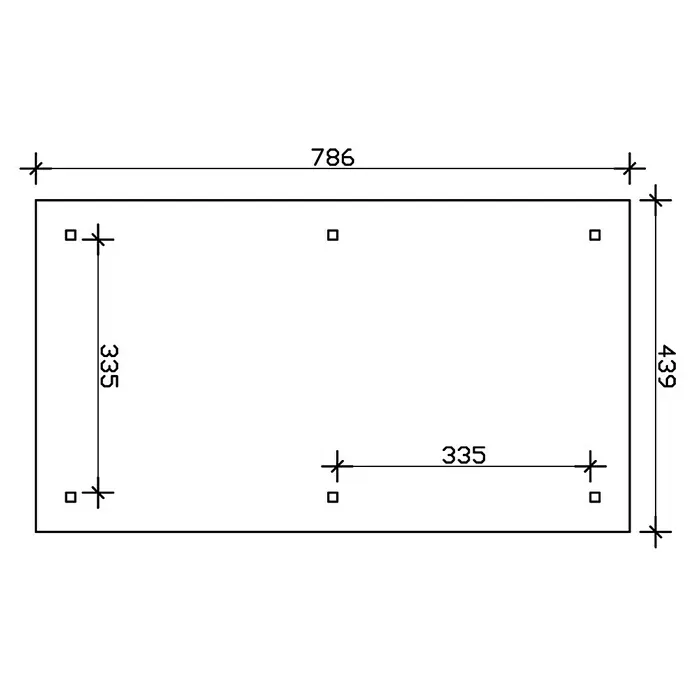 SKAN HOLZ Carport Taunus - Außenmaß inkl. Dachüberstand (B x T): 4,39 x 7,86 m, Einzelcarport, Natur - Technische Zeichnung einer rechteckigen Platte mit Abmessungen von 786 x 439 mm und sechs quadratischen Aussparungen.