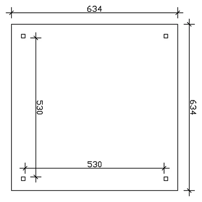 SKAN HOLZ Carport Taunus - Außenmaß inkl. Dachüberstand (B x T): 6,34 x 6,34 m, Doppelcarport, Nussbaum - Eine technische Zeichnung eines quadratischen Objekts mit Abmessungen von 634 x 634 mm und 4 Löchern, wobei die Löcher 530 mm voneinander entfernt sind.