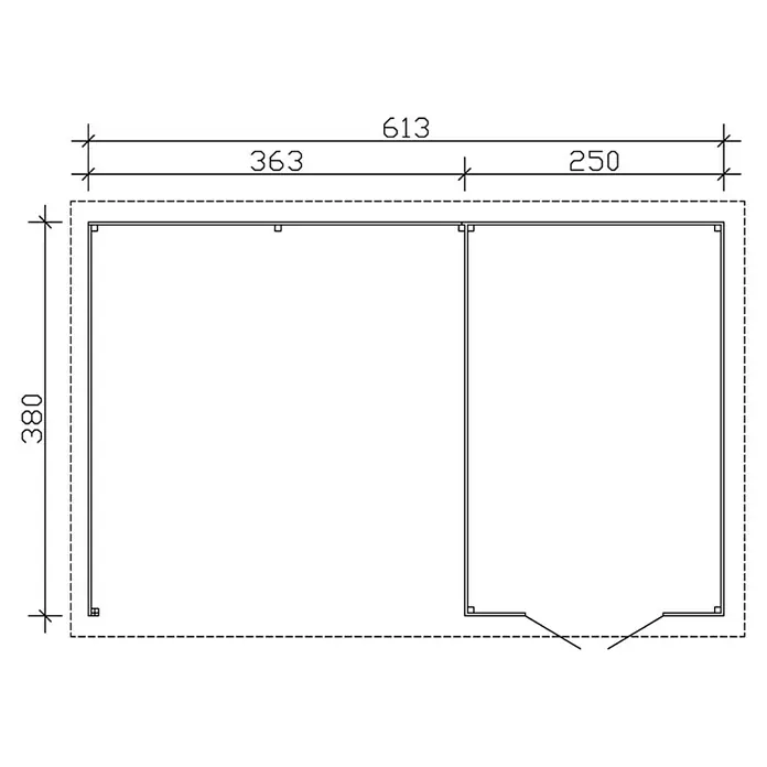 SKAN HOLZ Gartenhaus Tilburg - Außenmaß inkl. Dachüberstand (B x T): 653 x 420 cm, Holz, Schwedenrot - Grundrisszeichnung eines Gebäudes mit den Maßen 613 x 380, unterteilt in zwei Bereiche mit den Maßen 363 und 250.