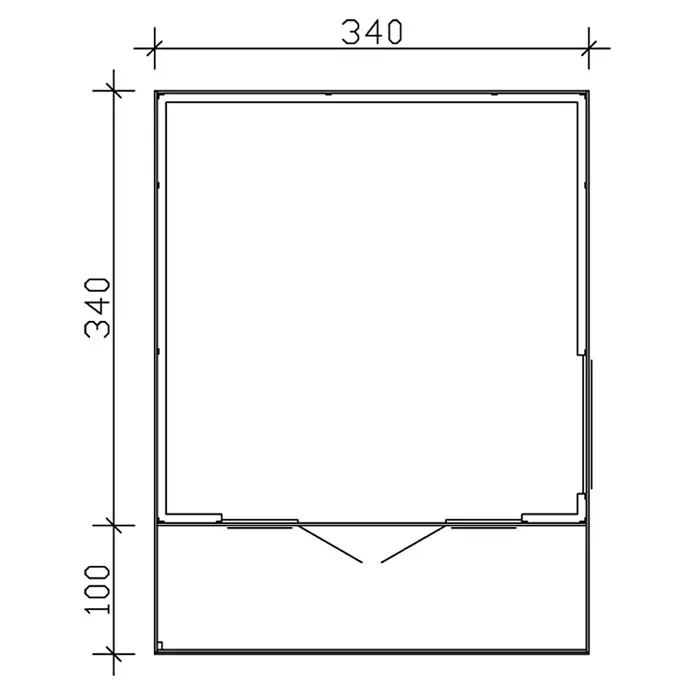 SKAN HOLZ Gartenhaus Tokio 2 - Außenmaß inkl. Dachüberstand (B x T): 340 x 440 cm, Holz, Natur, 11,56 m², Einschalig - Schematische Darstellung eines Schranks mit den Maßen 340 x 340 x 100, ideal für die Planung von Möbelprojekten.