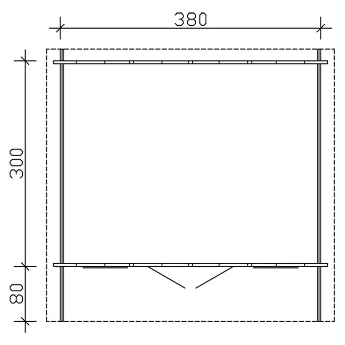 SKAN HOLZ Gartenhaus Trondheim 1 - Außenmaß inkl. Dachüberstand (B x T): 420 x 400 cm, Holz, Natur - Draufsicht des Produkts mit Maßangaben: 380 mm Breite, 300 mm Höhe und 80 mm für den unteren Teil. Technische Zeichnung für Bauanleitungen.