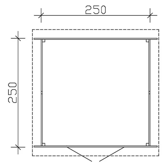 SKAN HOLZ Gartenhaus Venlo 1 - Außenmaß inkl. Dachüberstand (B x T): 290 x 290 cm, Holz, Natur - Abbildung eines quadratischen Bauplans mit der Maßangabe 250 für jede Seite, dargestellt in einer technischen Zeichnung.