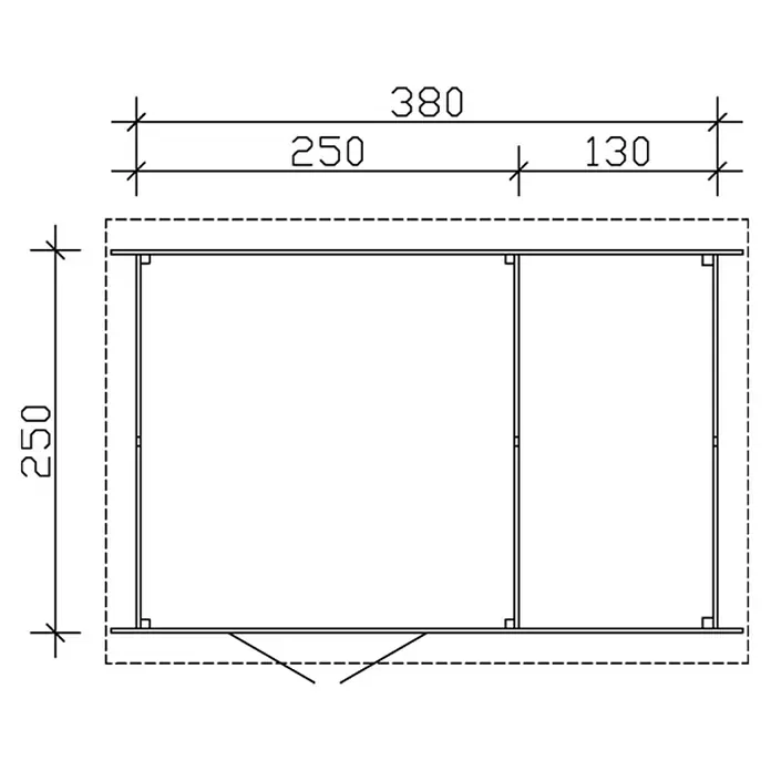 SKAN HOLZ Gartenhaus Venlo 2 - Außenmaß inkl. Dachüberstand (B x T): 420 x 290 cm, Holz, Natur - Technische Zeichnung einer Kabine mit den Maßen 380x250, Unterteilung in 250 und 130, für Planungszwecke oder Bauanleitungen.