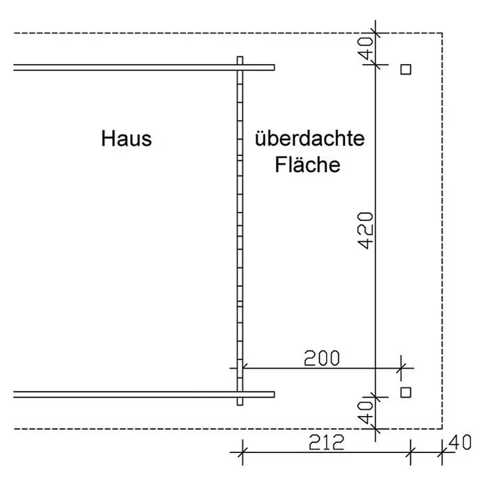 SKAN HOLZ Vordach Toronto - 212 x 420 cm, 1 Lage Dachschalung - Draufsicht der Haus- und Terrassenplanung mit Maßangaben der überdachten Fläche für detaillierte Bauplanung oder Genehmigung.