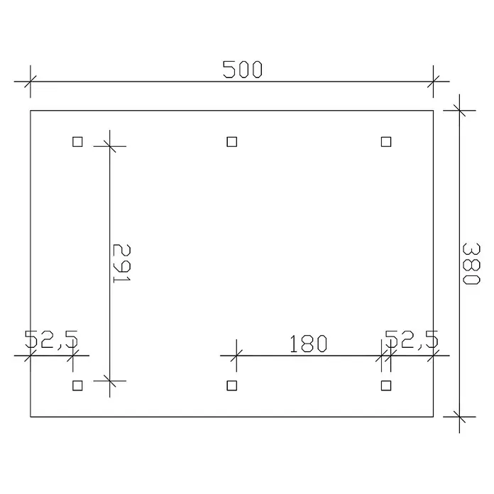 SKAN HOLZ Carport Wallgau - Außenmaß inkl. Dachüberstand (B x T): 3,8 x 5 m, Einzelcarport, Nussbaum, Schwarze Bitumenschindeln - Technische Zeichnung einer Platte mit Abmessungen und Bohrungen zur Produktbeschreibung.