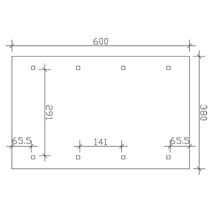 SKAN HOLZ Carport Wallgau - Außenmaß inkl. Dachüberstand (B x T): 3,8 x 6 m, Einzelcarport, Schiefergrau, Farbe Dach: Schwarz, Materialspezifizierung Dach: Fichte, Bitumen - Schema einer rechteckigen Platte mit Abmessungen von 600x380 mm und Bohrungen, die mit Bemaßungen zur Positionierung versehen sind.