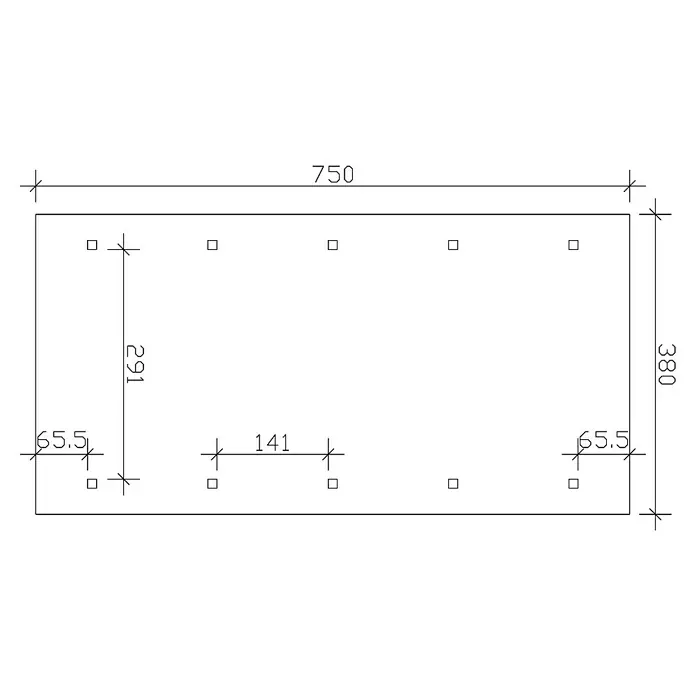 SKAN HOLZ Carport Wallgau - Außenmaß inkl. Dachüberstand (B x T): 3,8 x 7,5 m, Einzelcarport, Grün, Farbe Dach: Schwarz - Schema einer rechteckigen Platte mit Bohrungen und Bemaßungen, ideal für technische Zeichnungen oder Baupläne.