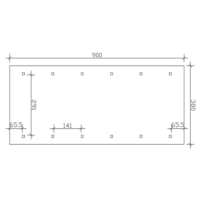 SKAN HOLZ Carport Wallgau - Außenmaß inkl. Dachüberstand (B x T): 3,8 x 9 m, Einzelcarport, Schiefergrau, Rote Bitumenschindeln - Eine schematische Darstellung einer rechteckigen Platte mit quadratischen Aussparungen und Maßangaben.