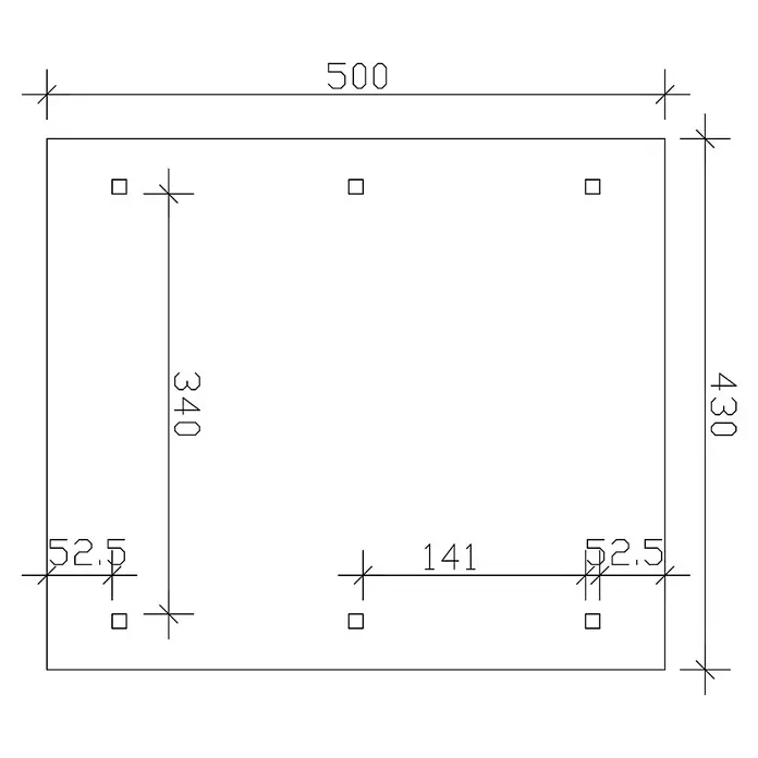 SKAN HOLZ Carport Wallgau - Außenmaß inkl. Dachüberstand (B x T): 4,3 x 5 m, Einzelcarport, Nussbaum, Schwarze Bitumenschindeln - Draufsicht auf eine rechteckige Platte mit Bemaßungen und quadratischen Aussparungen, die die Konstruktionsdetails hervorhebt.