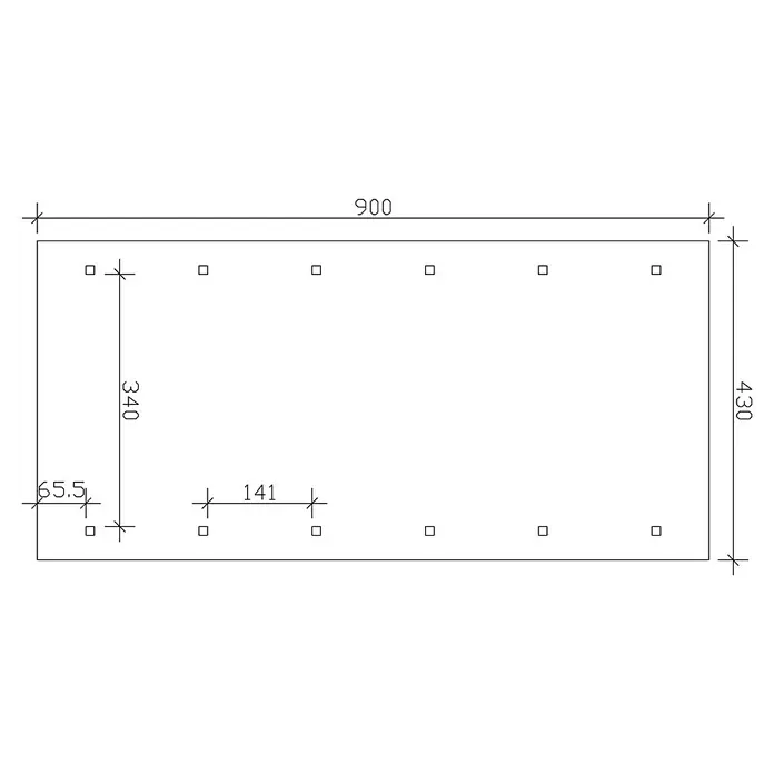 SKAN HOLZ Carport Wallgau - Außenmaß inkl. Dachüberstand (B x T): 4,3 x 9 m, Einzelcarport, Nussbaum, Schwarze Bitumenschindeln - Draufsicht auf ein rechteckiges Objekt mit Abmessungen und Anordnung kleiner Quadrate, die auf einem technischen Plan dargestellt sind.