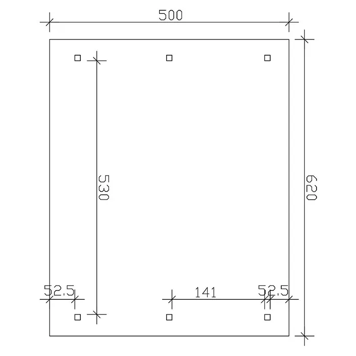 SKAN HOLZ Carport Wallgau - Außenmaß inkl. Dachüberstand (B x T): 6,2 x 5 m, Doppelcarport, Grün - Draufsicht einer Bauzeichnung mit Abmessungen von 500x620 mm und Anordnung quadratischer Elemente für Konstruktionsdetails.