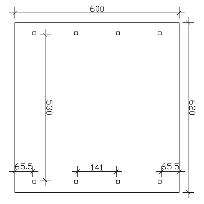 SKAN HOLZ Carport Wallgau - Außenmaß inkl. Dachüberstand (B x T): 6,2 x 6 m, Doppelcarport, Nussbaum, Dachlatten zur Eindeckung mit Dachziegeln - Schematische Darstellung mit Maßangaben eines rechteckigen Produkts mit quadratischen Aussparungen. Ideal für technische Dokumentationen.